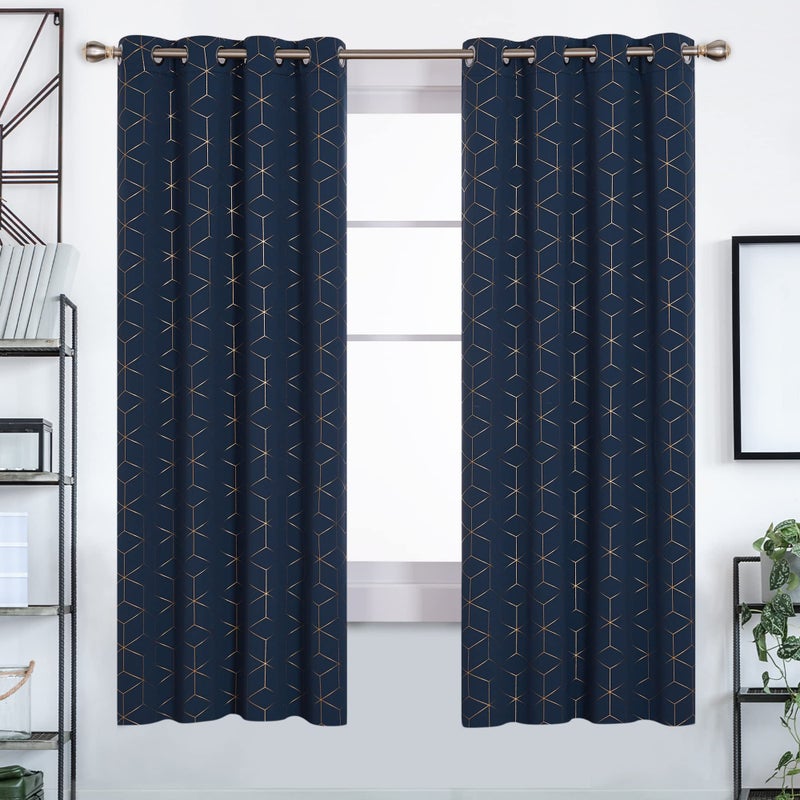 Deconovo Grommet Blackout Curtains, Room Darkening Gold Diamond Drapes, 2 Panels, Navy Blue, 52W x 63L Inch, for Bedroom and Living Room - Image 2